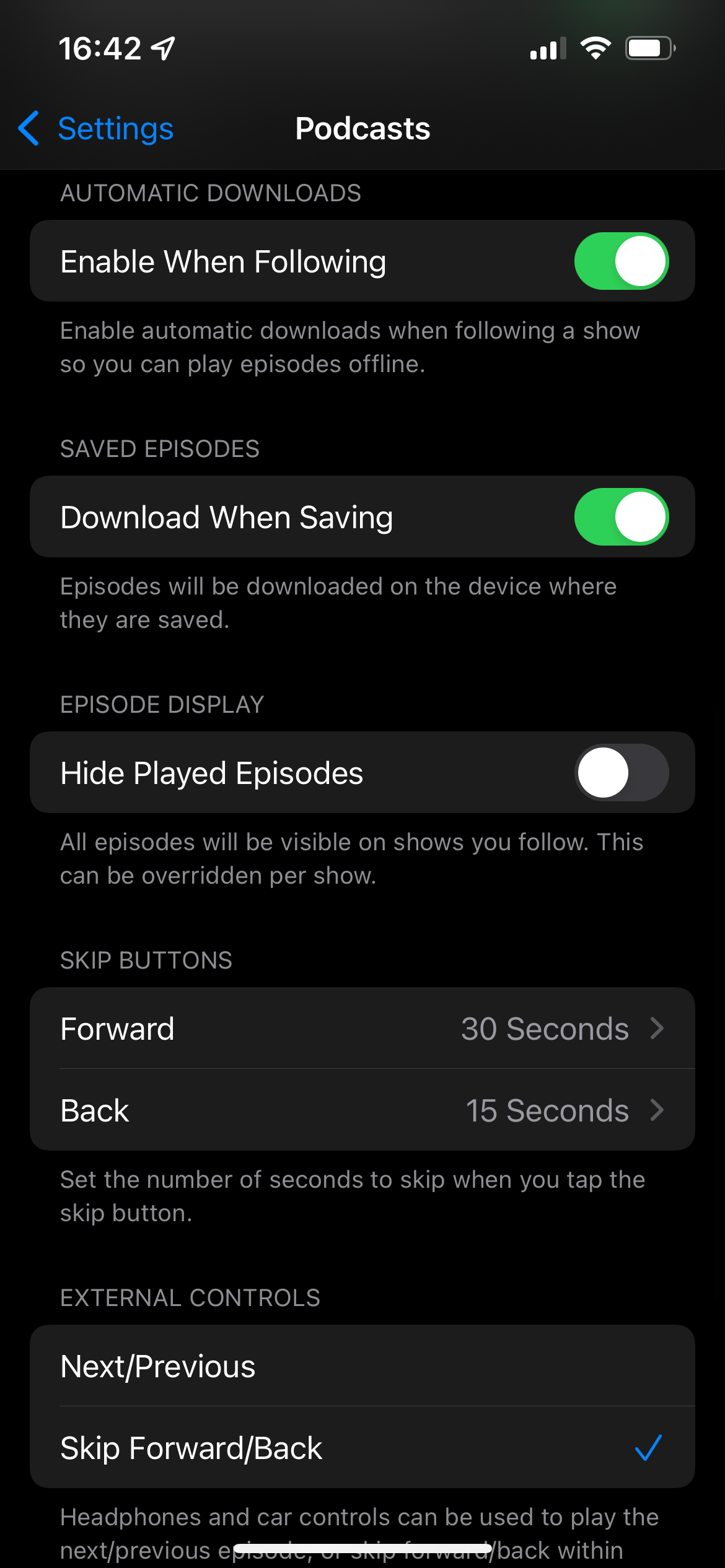 iPhone Podcasts Bottom Settings