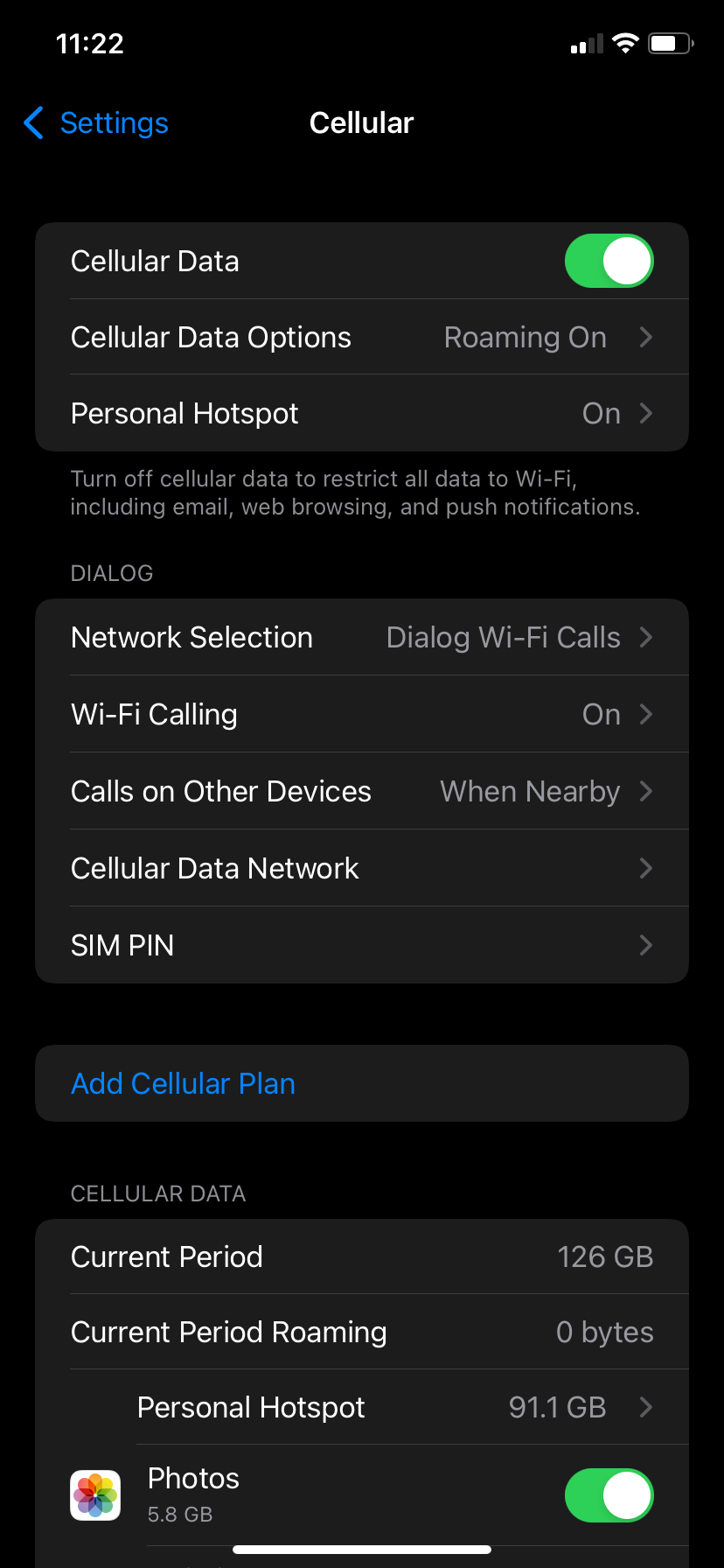 Cellular settings on iPhone.