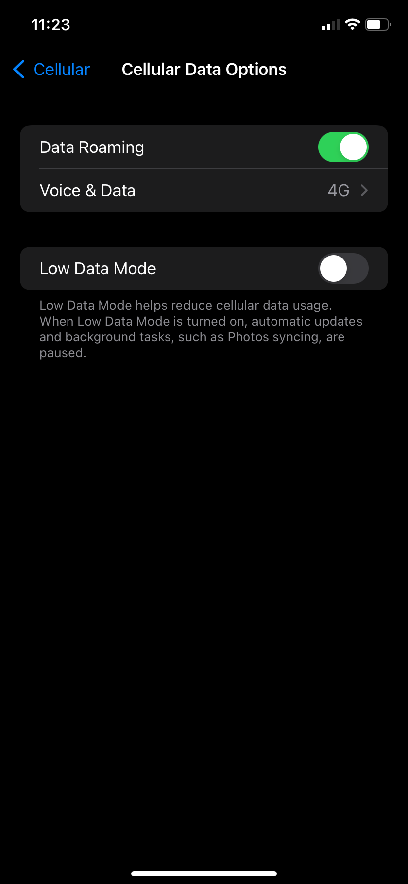Cellular data options on iPhone.