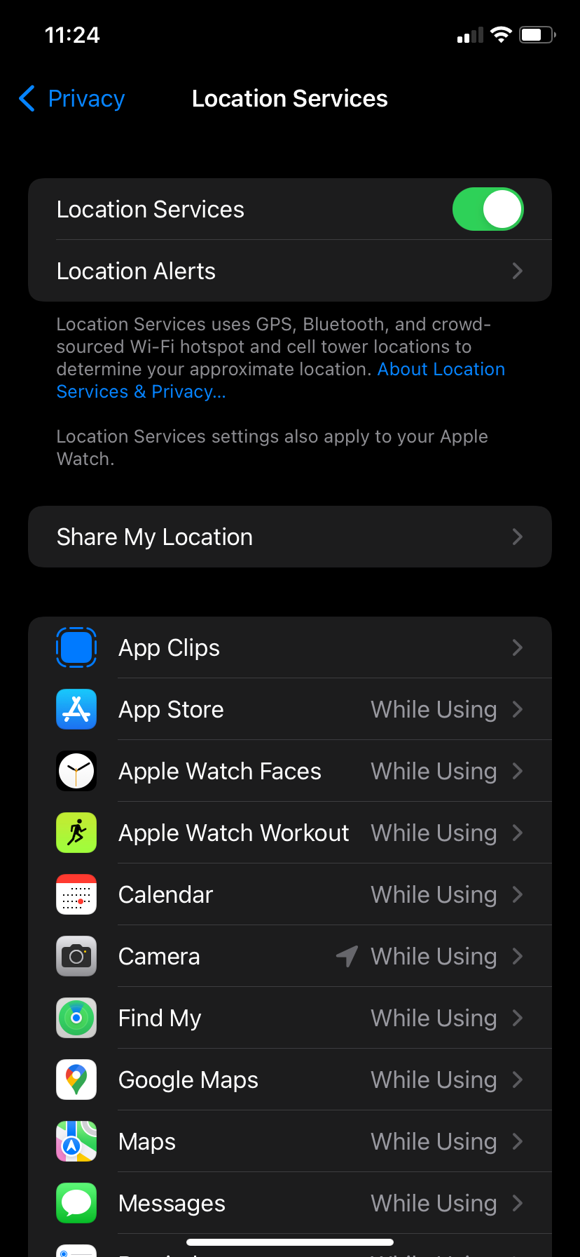 Location services screen.