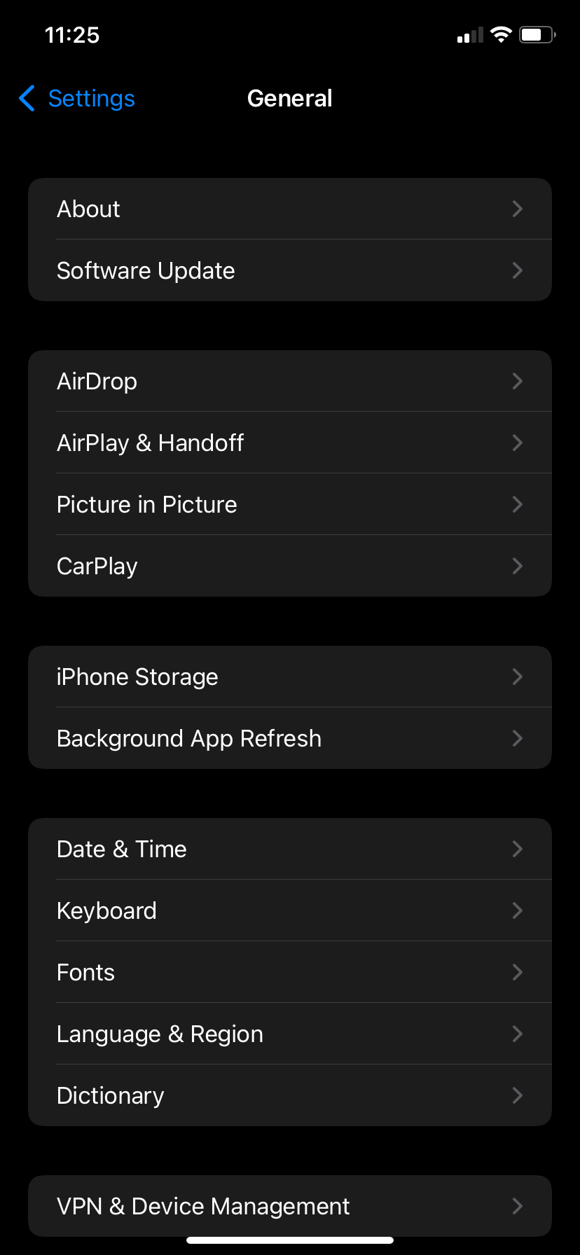 General settings on iPhone.