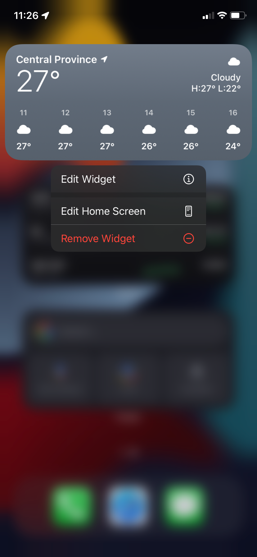 Widget contextual menu on Home screen.