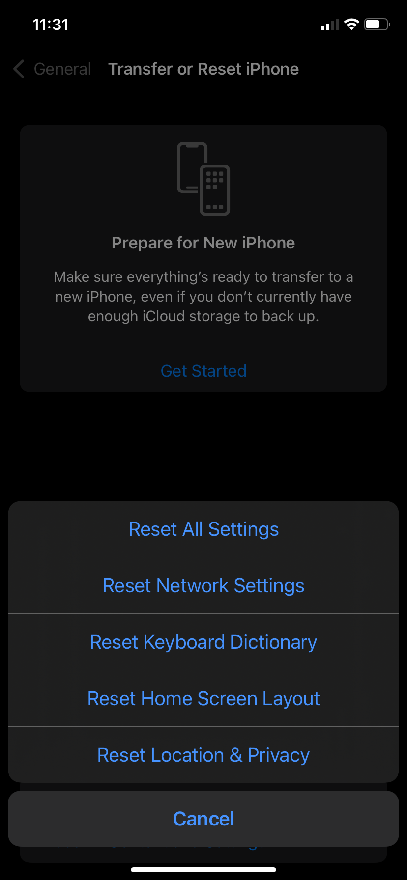 Reset network or all settings on iPhone.