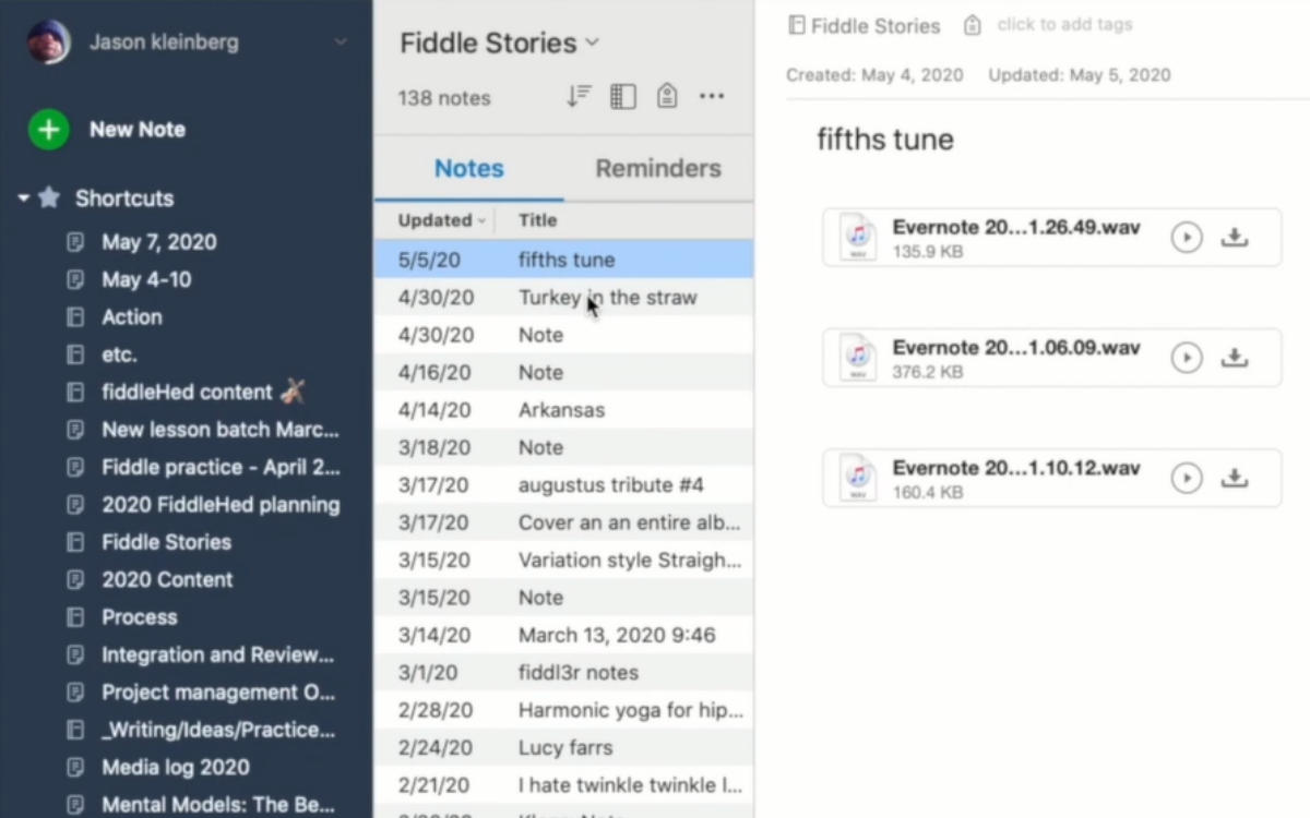Evernote note taking up dashboard
