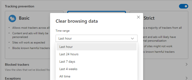 Clear Edge cache browsing history click Time range