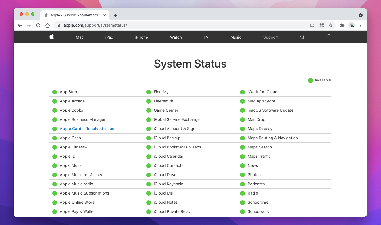Checking the Apple System Status.