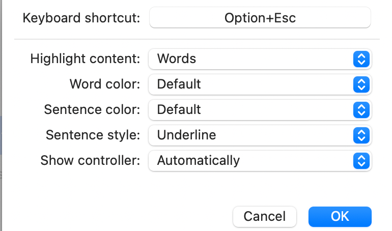 Speak selection accessibility options on a Mac
