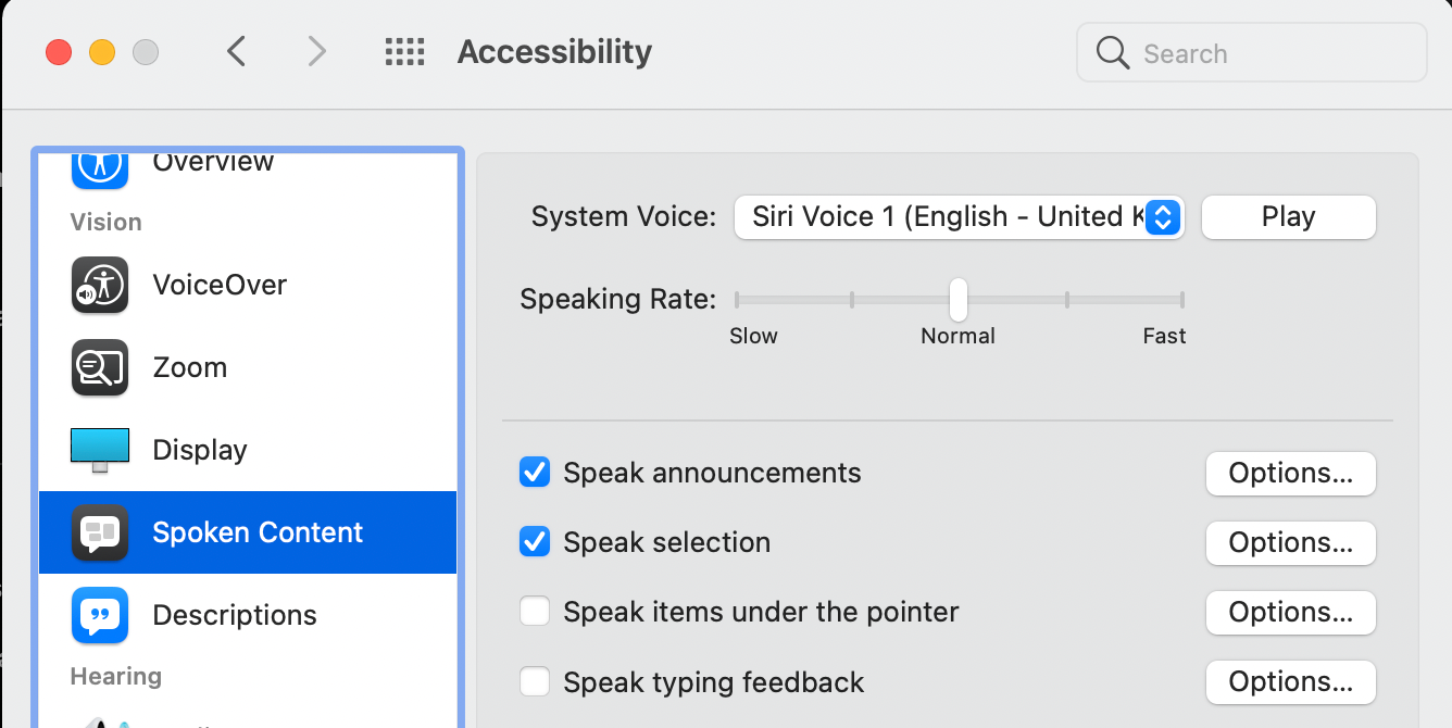 Accessibility Spoken Content Options - Come far pronunciare annunci e notifiche al tuo Mac