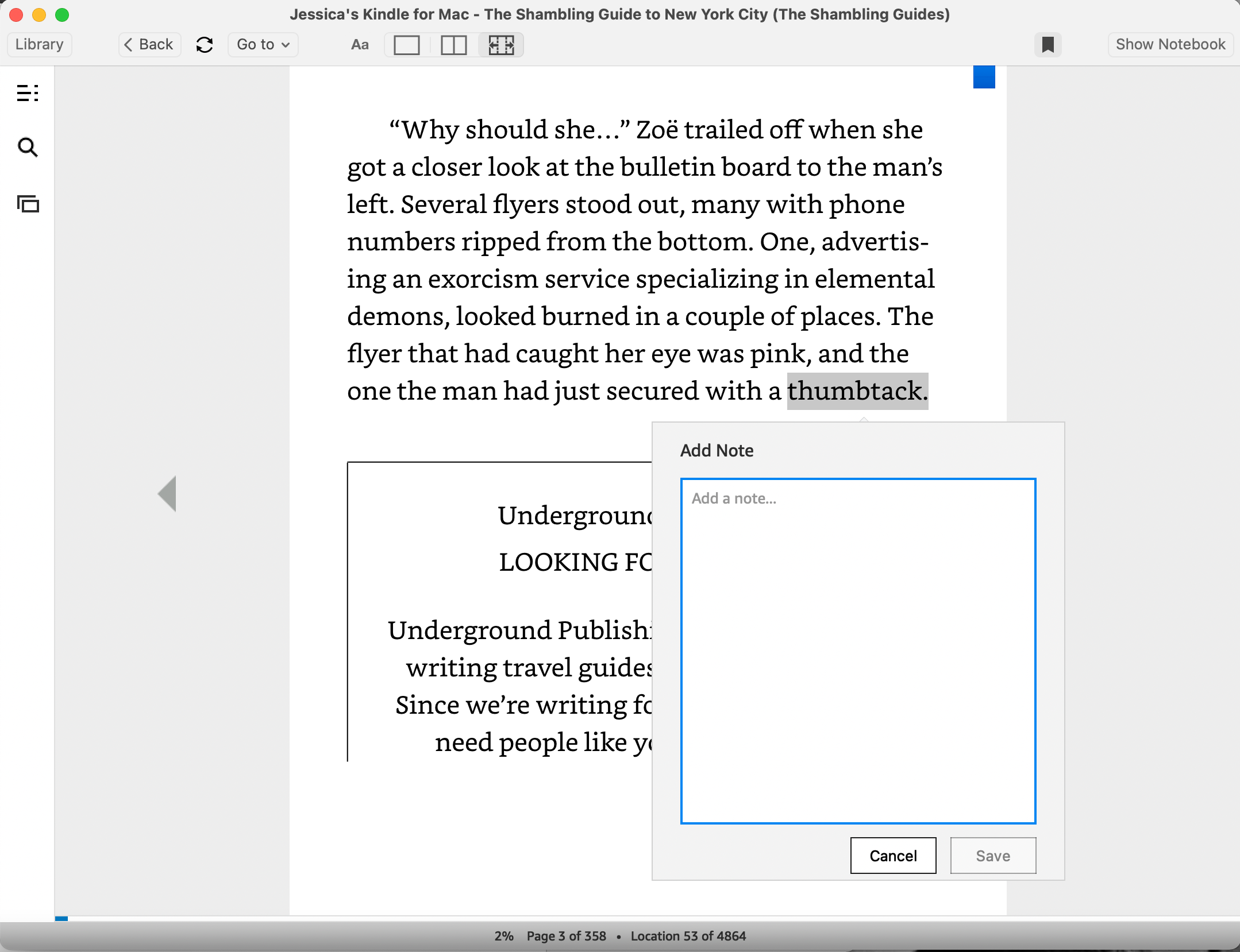 Add note text window in Kindle for Mac