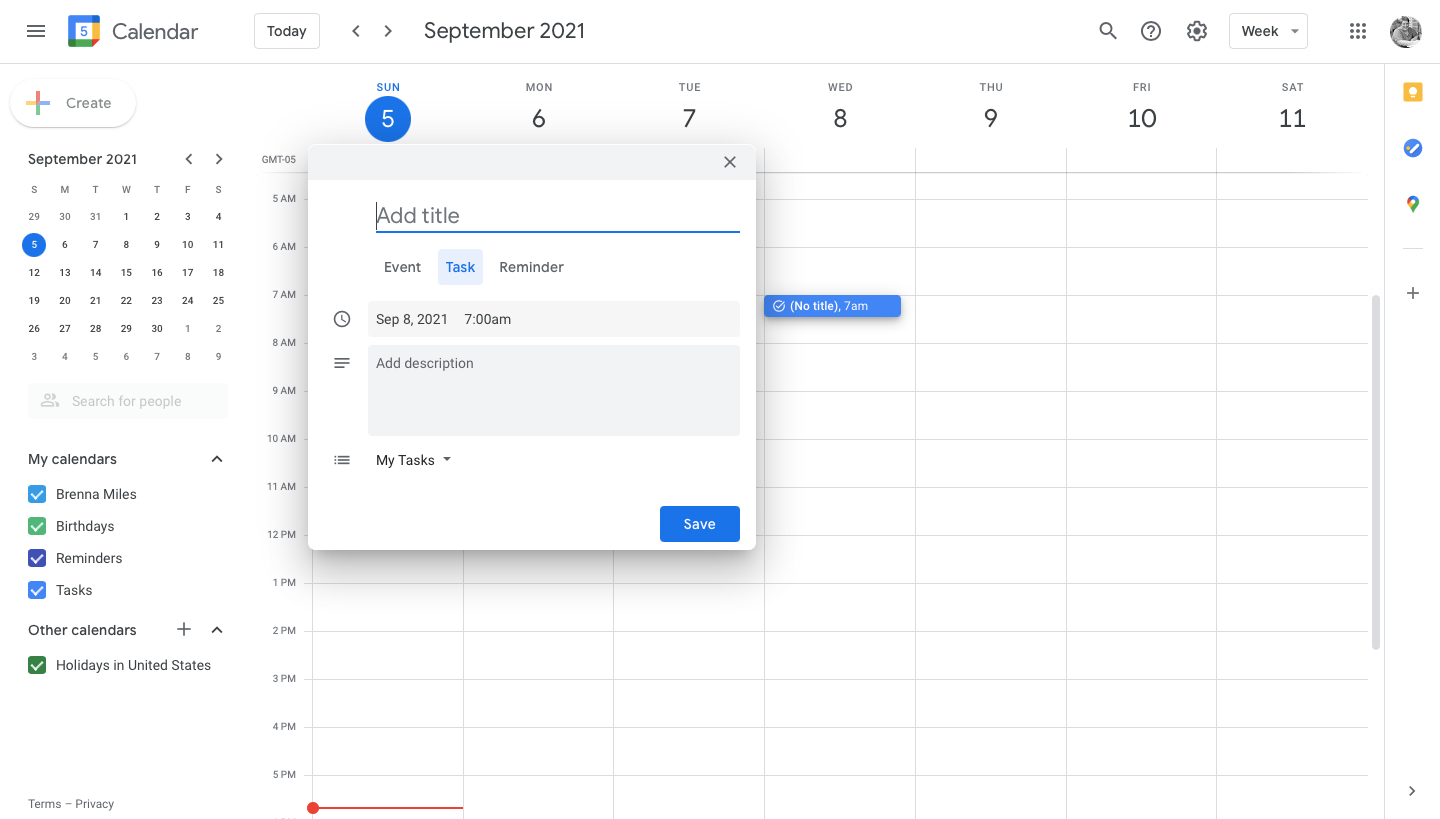 Image shows adding a task inside Google Calendar