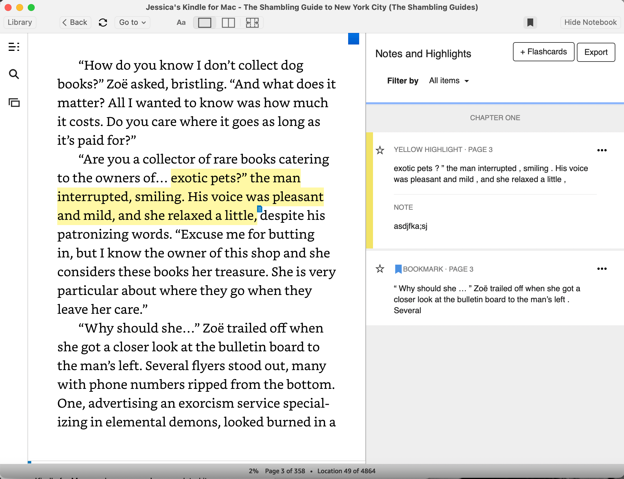 Adding note to a highlight in Notebook on Kindle for Mac