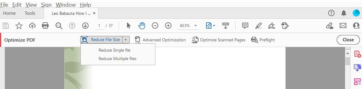 Adobe Acrobat DC Optimize PDF reduce file size menu