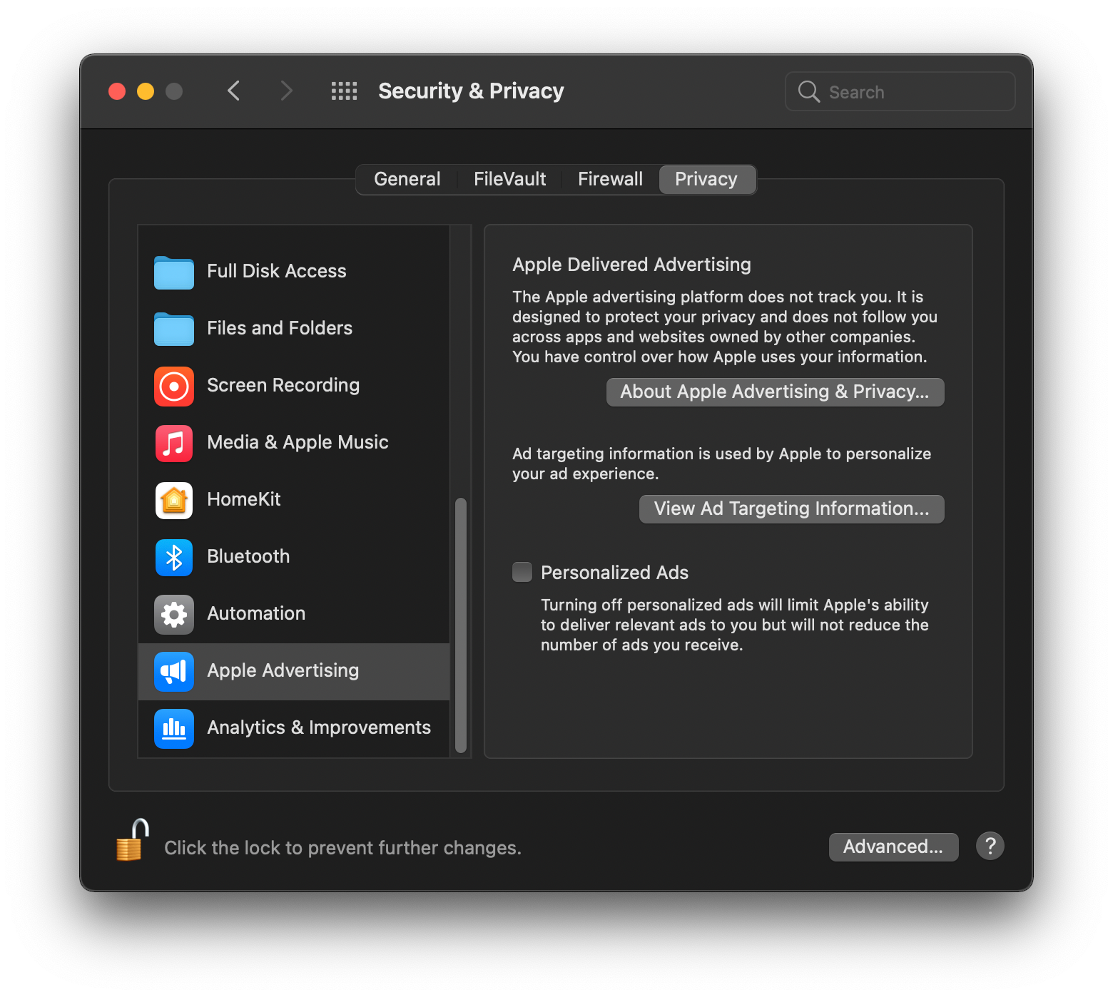 Personalized Ads settings on macOS