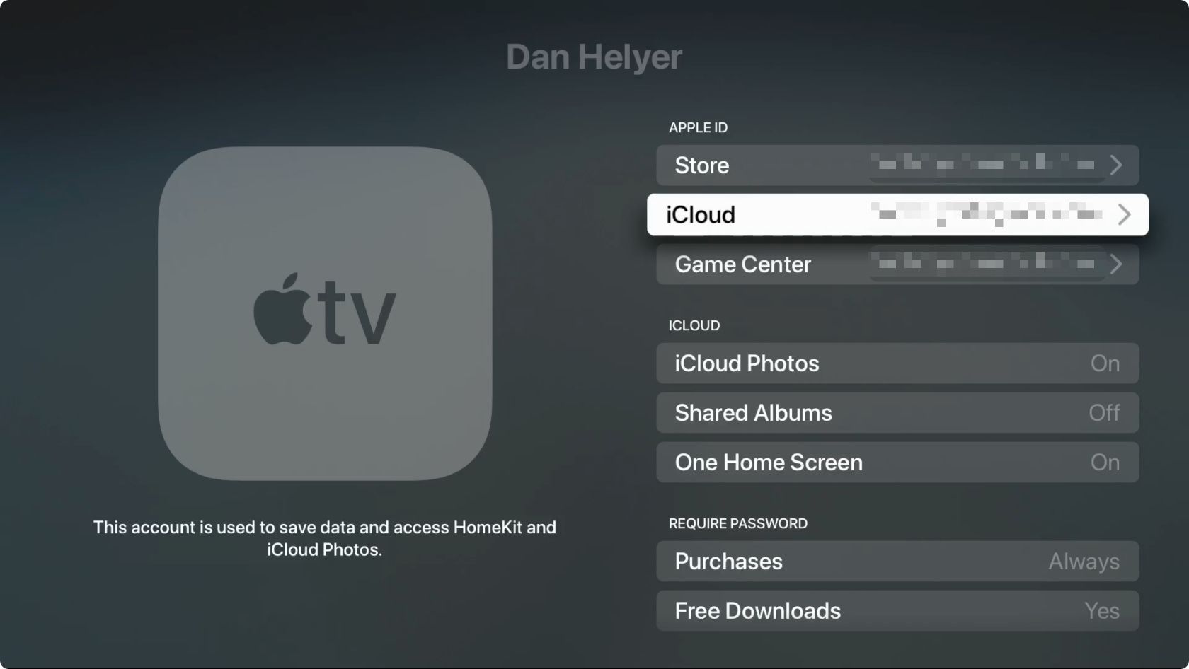 Apple TV Account settings