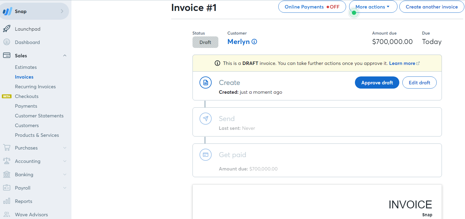 Approve Draft invoice to send pop up