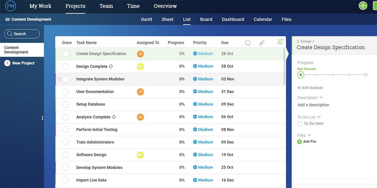 An image showing the web interface of ProjectManager app