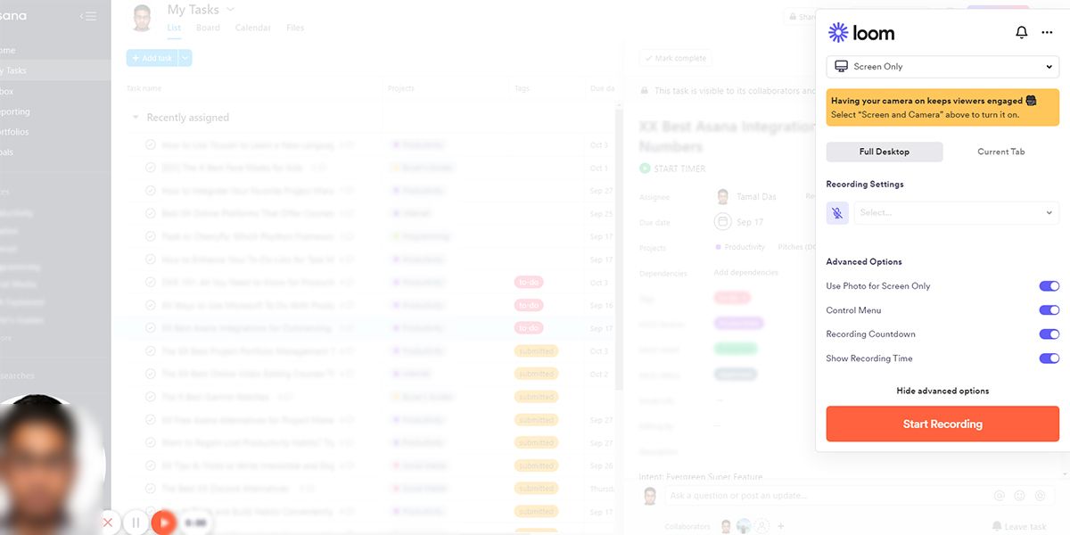 A visual of using Loom from Asana tasks