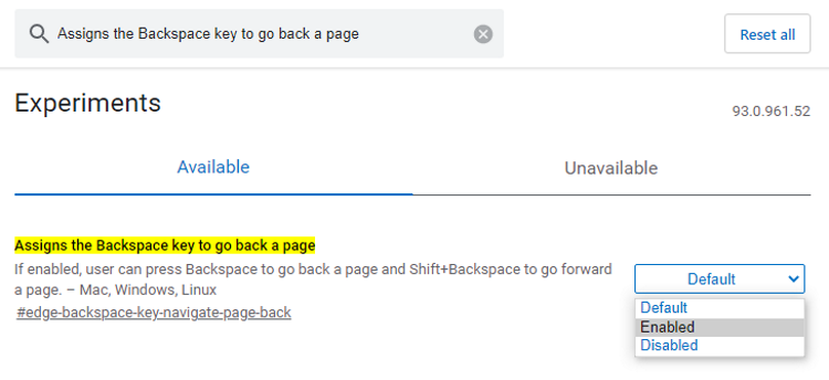 Assigns the Backspace key to go back a page
