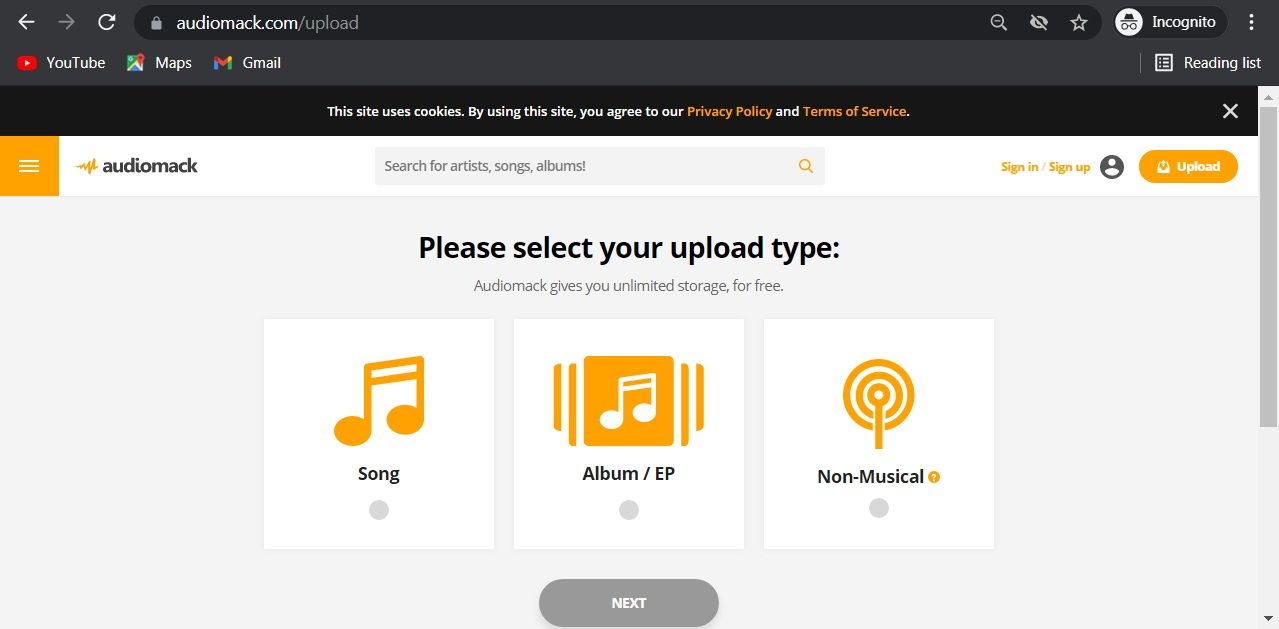 Screenshot of the Audiomack music website