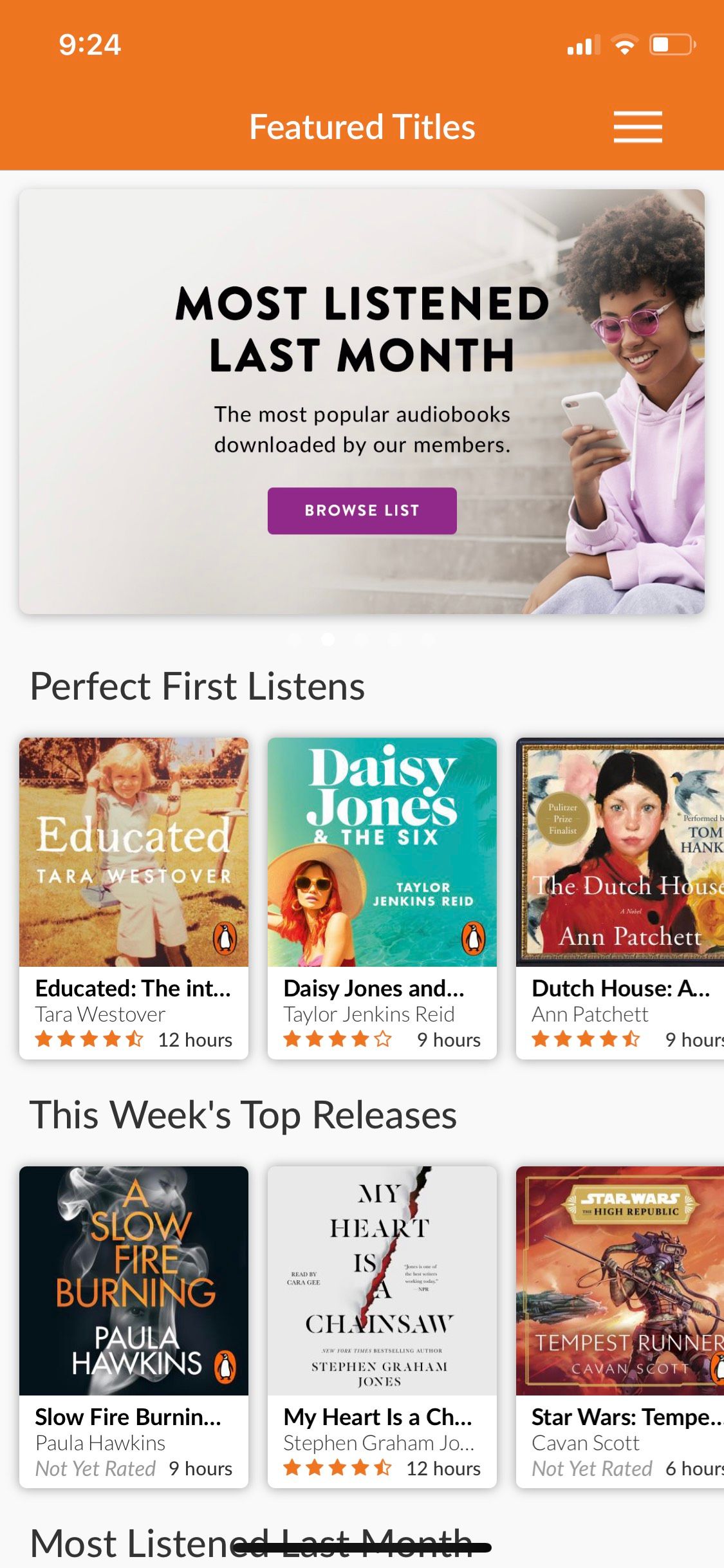 Audiobooks.com app home screen