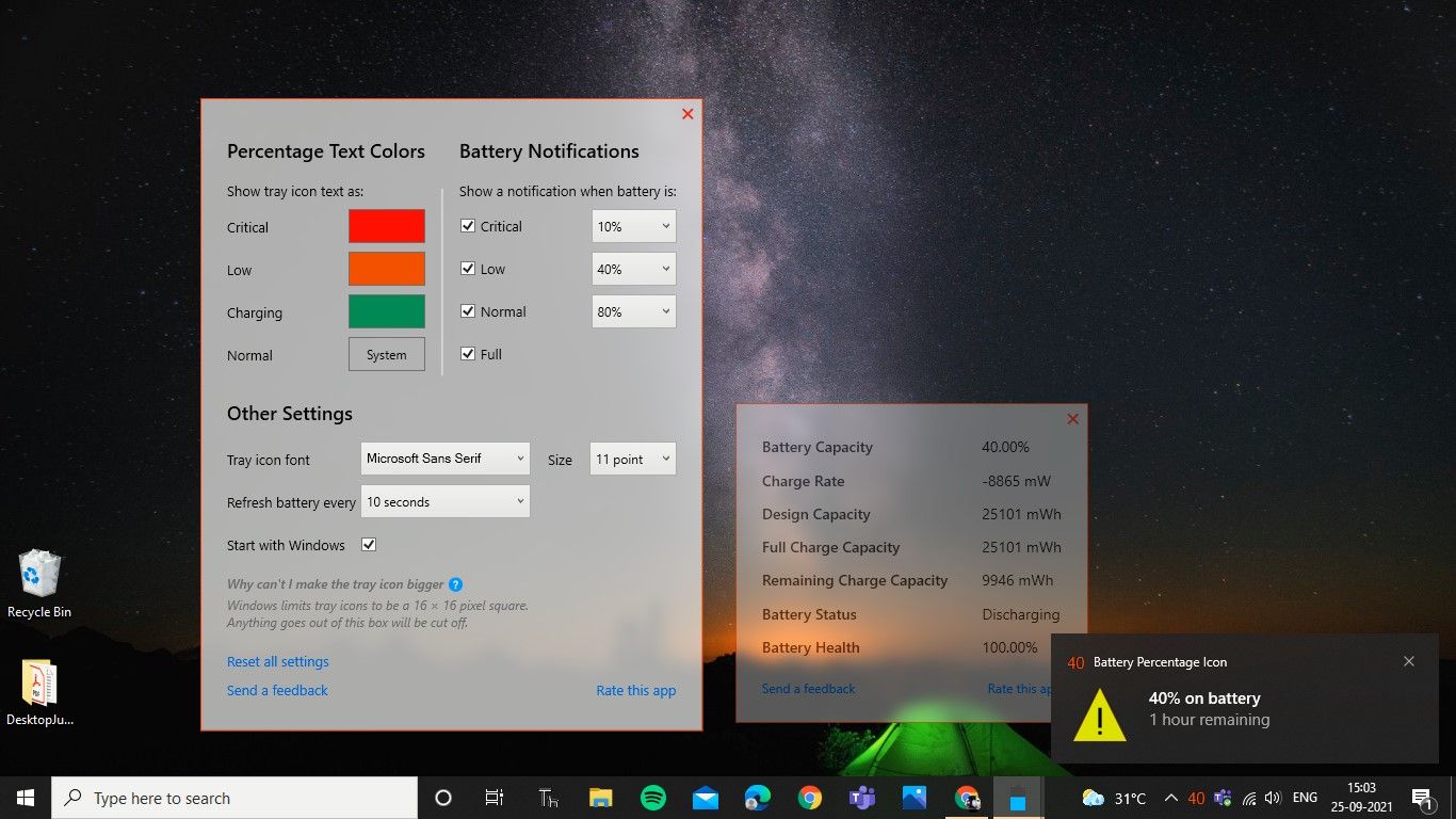 Battery Percentage Icon App Screenshot - 6 app meno conosciute per migliorare la tua esperienza con Windows 10