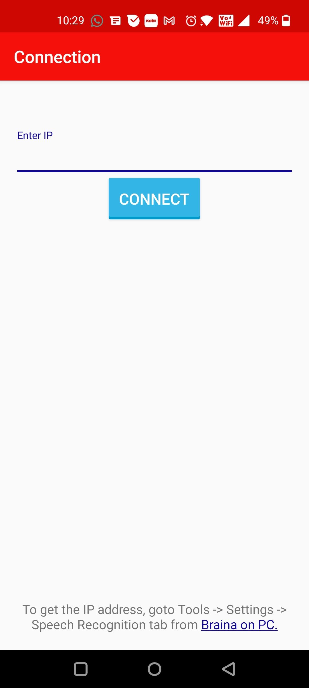 Braina Android App Showing IP Connection to PC 