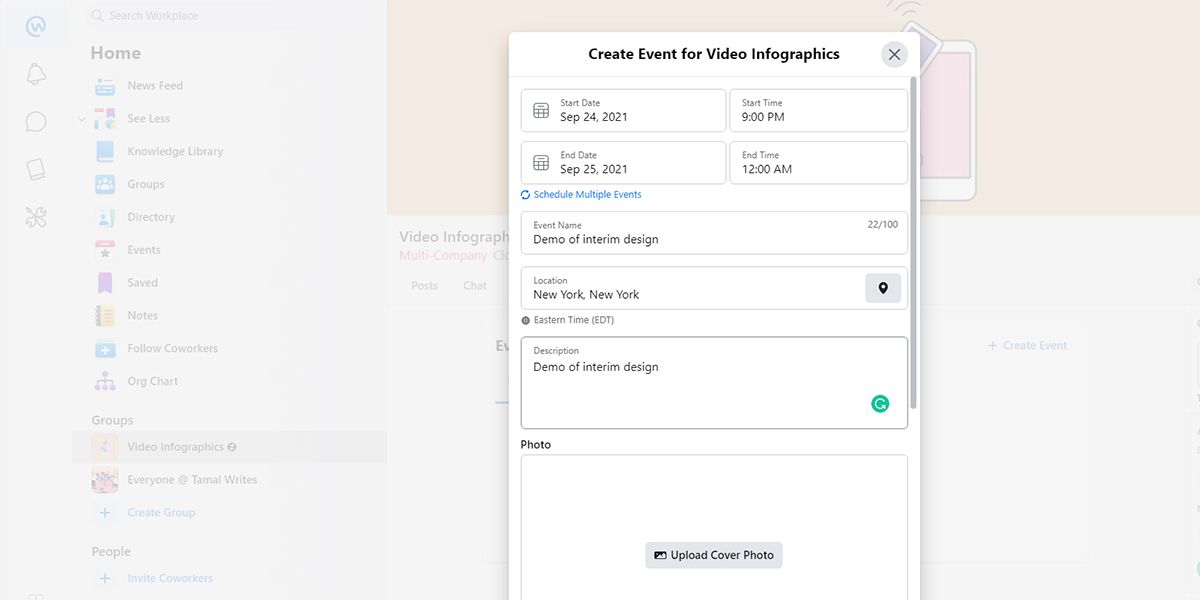 A visual showing calendar and contacts sharing in Workplace