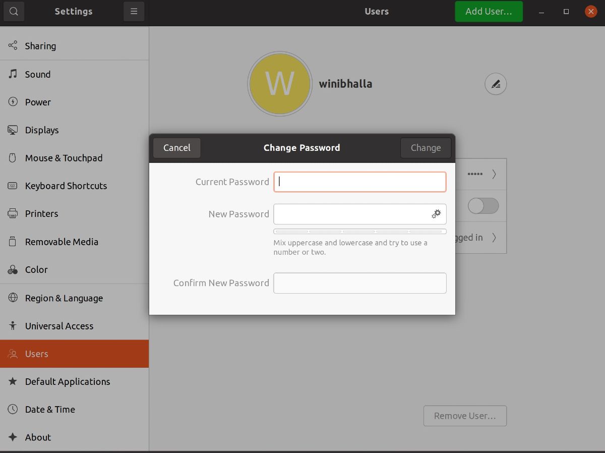 Change password via GUI in Ubuntu