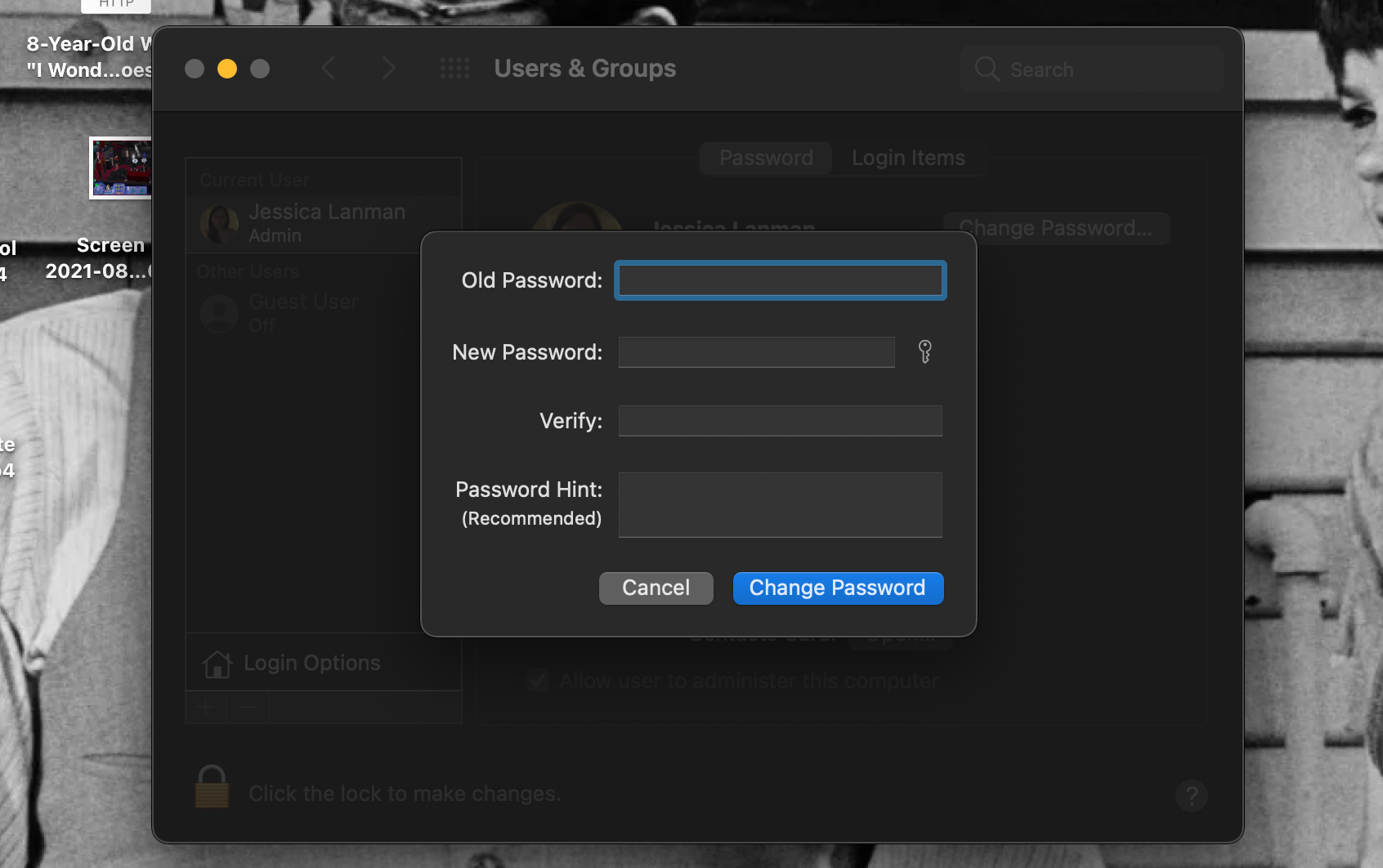 Changing user account password in Systems Preferences