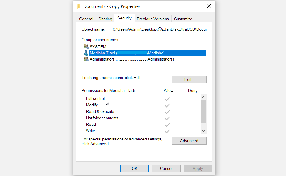 Checking if a user has full control of the file under the Permissions field - 7 modi per correggere il codice di errore 0x800704C8 durante la copia di file su Windows