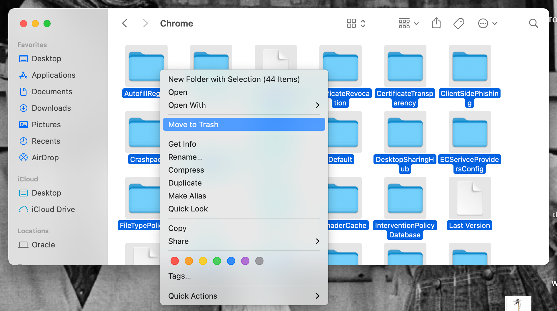 Chrome data in Finder all highlighted and right clicked on, with Move to Trash selected