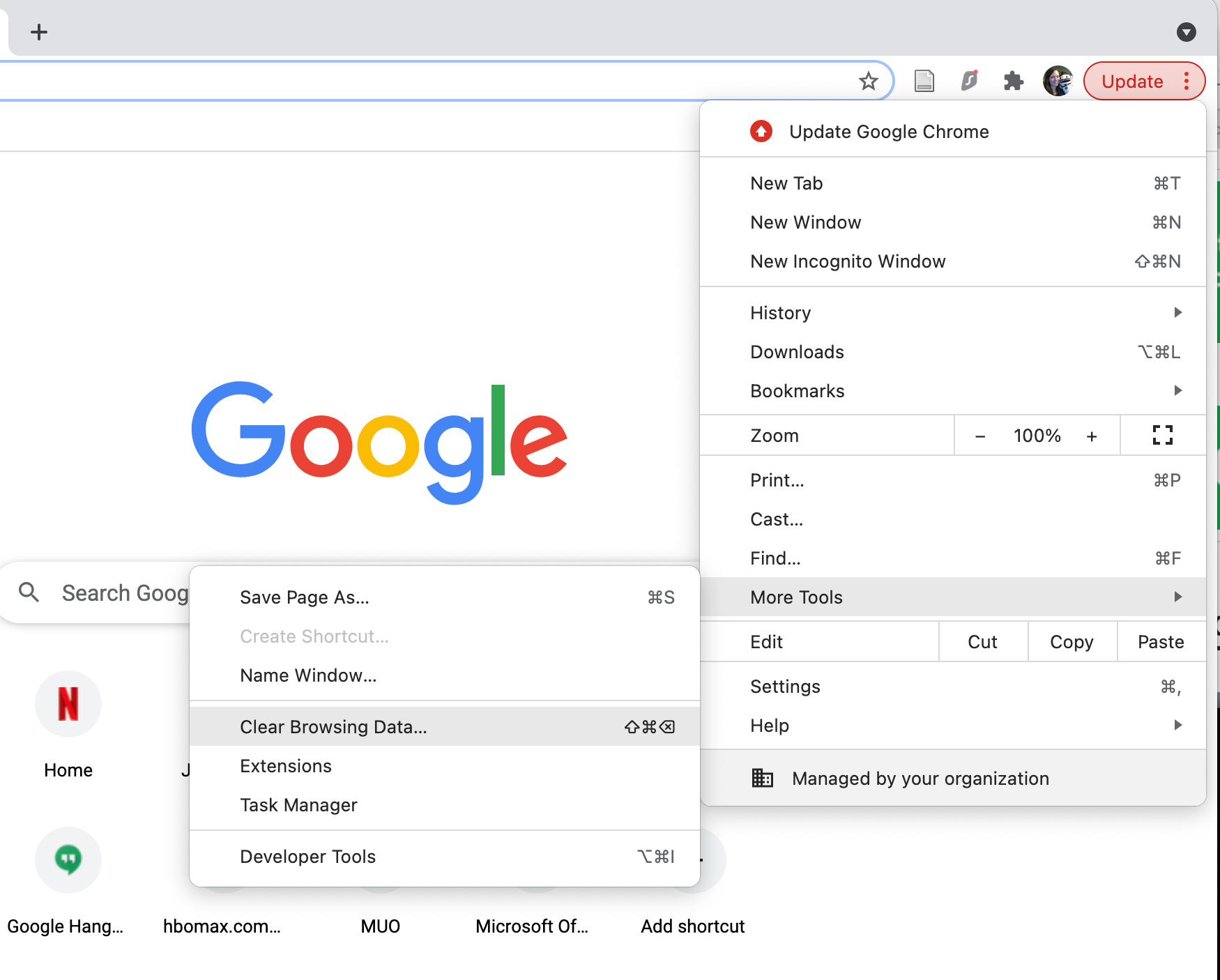 More Tools menu open with Clear Browsing Data selected in Google Chrome