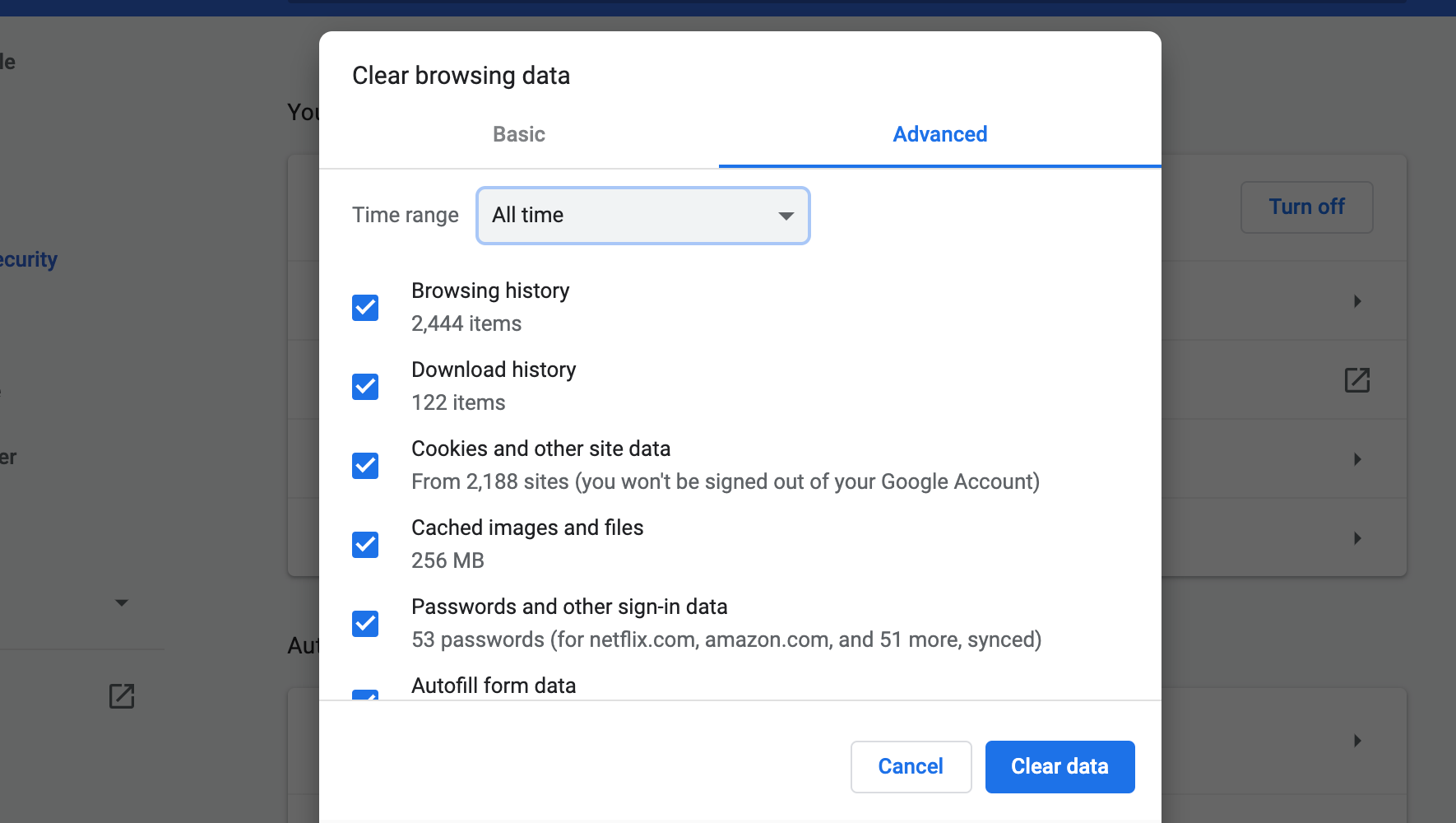 Clear Browsing Data window in Google Chrome Settings is open, with the All Time time range selected and everything checked in the Advanced tab
