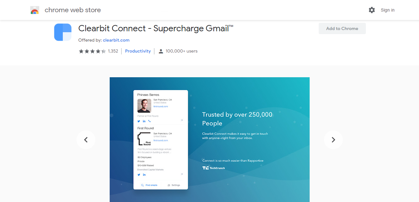 A screenshot of Clearbit Connect's Chrome store page