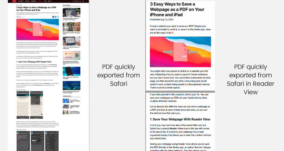 3 einfache Möglichkeiten zum Speichern einer Webseite als PDF mit Safari auf einem Mac - Comparison of PDF in Reader View and Quick