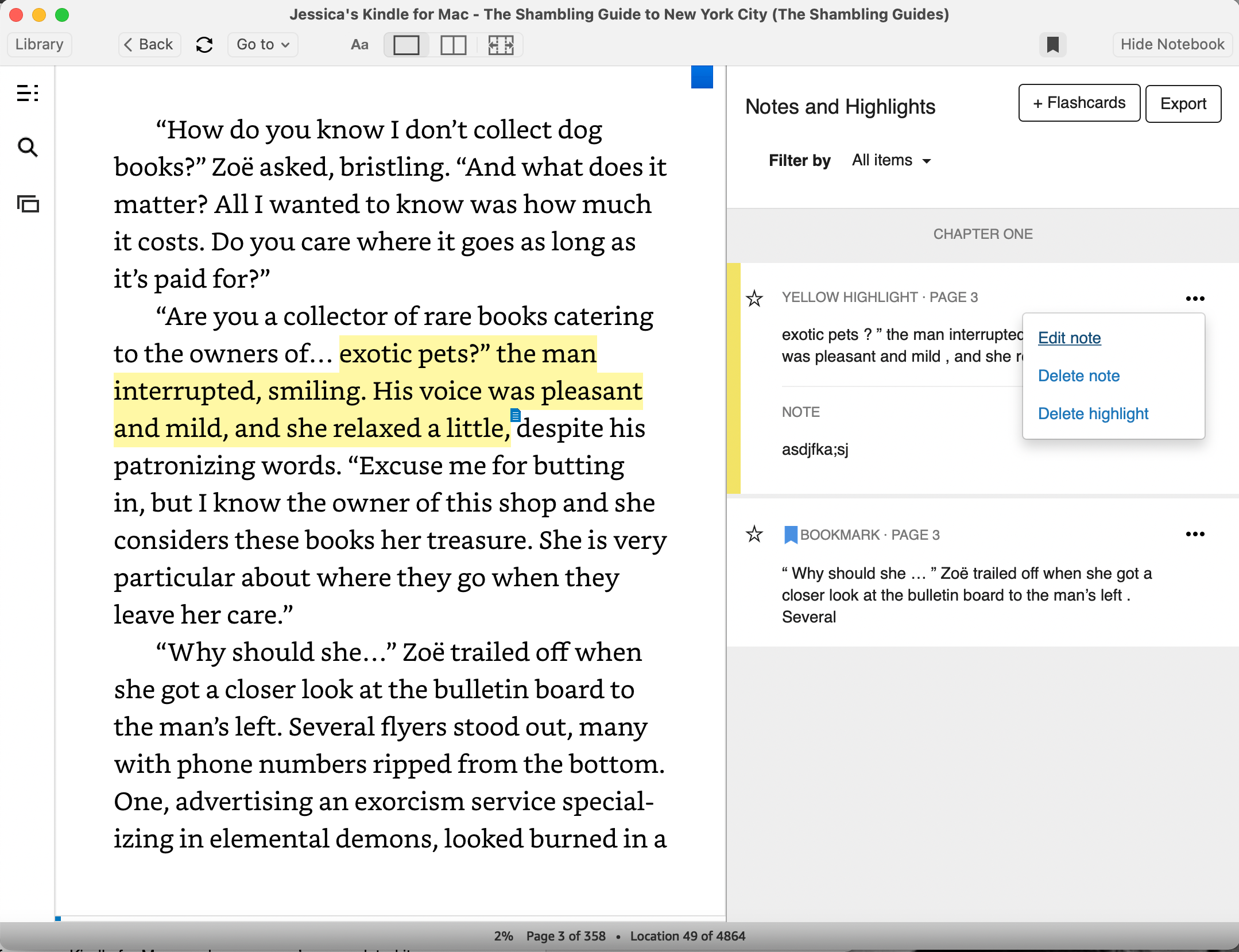 Delete note and Delete highlight options in Kindle for Mac Notebook