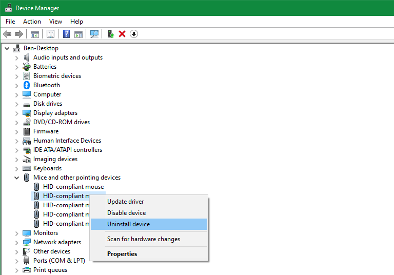Device Manager Uninstall Mouse