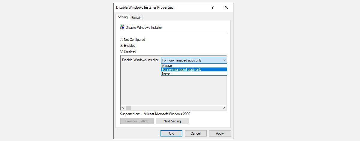 Disable Windows Installer in Local Group Policy Editor