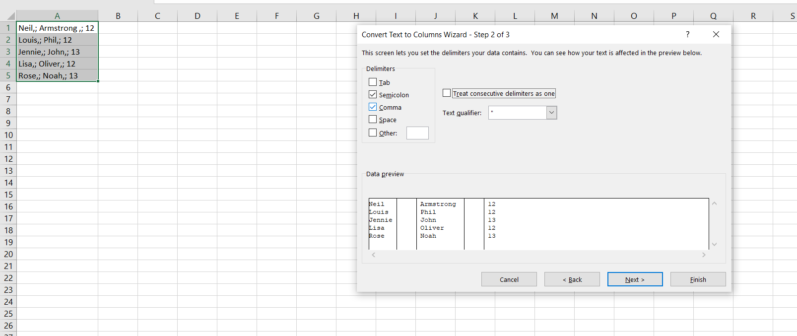 Do not treat consecutive delimiters as one - Come dividere le celle di Excel utilizzando un delimitatore