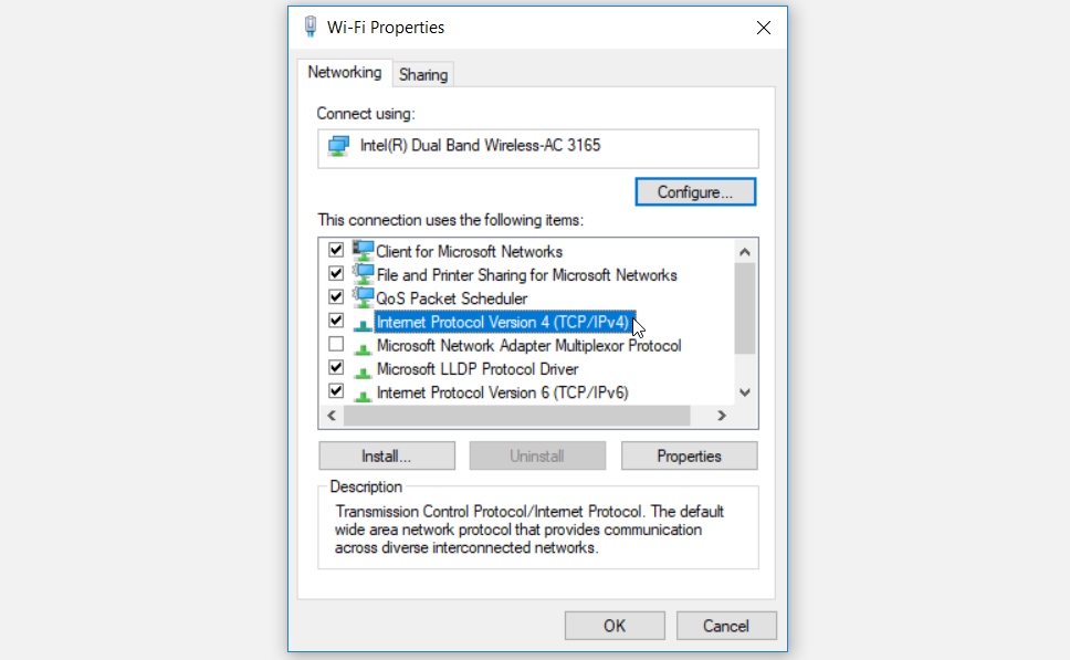 Double-clicking the Internet Protocol Version 4 (TCP-IPv4) option