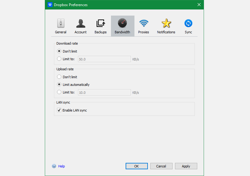 Dropbox Limit Bandwidth Windows 10