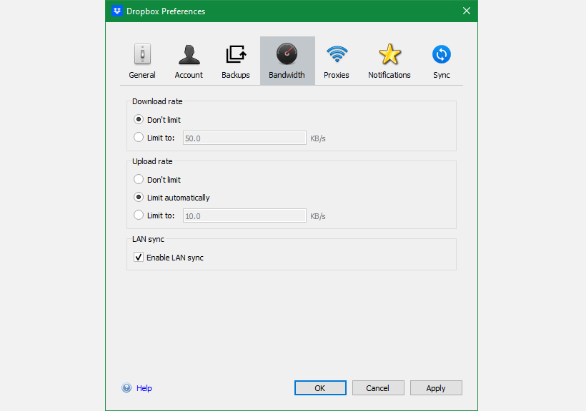  Dropbox Limitare la larghezza di banda di Windows 10