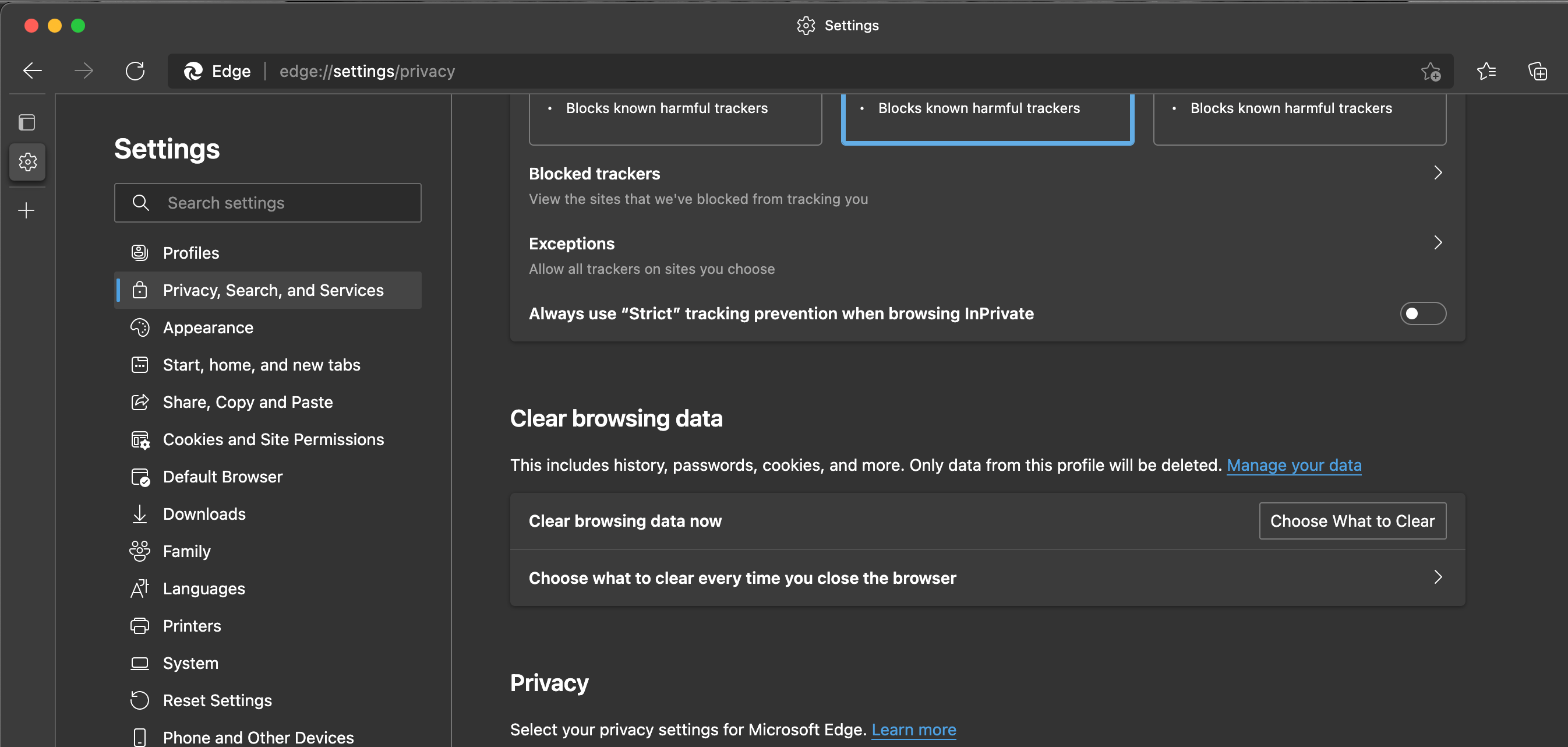 Edge Clear browsing data header in Settings - Come cancellare cache e cookie sul tuo Mac