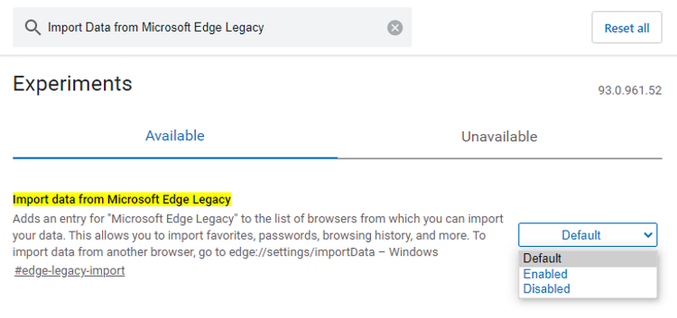 Edge flags Import Data from Microsoft Edge Legacy
