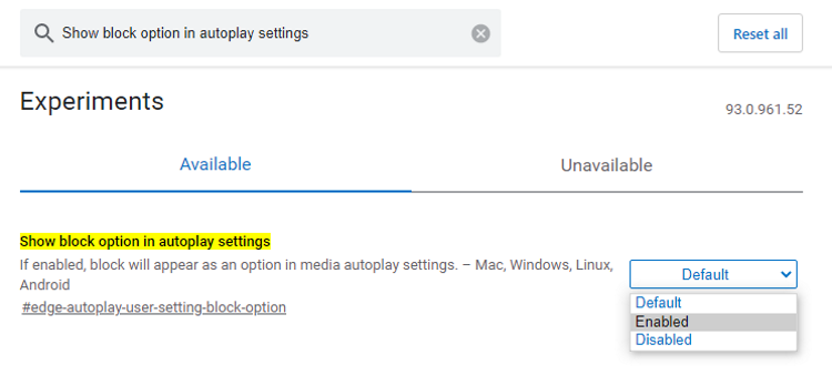 Edge flags Show block option in autoplay settings