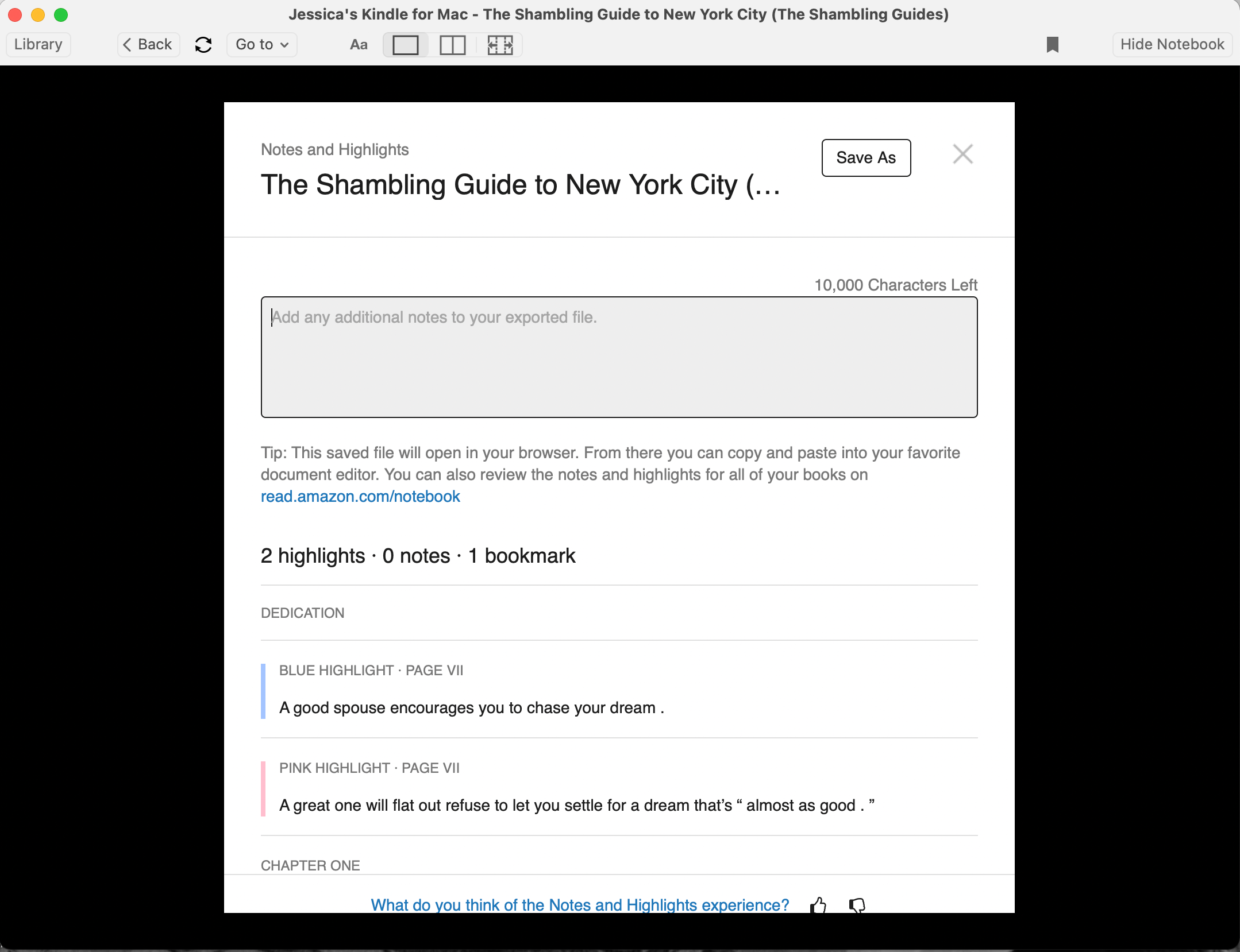 Export Notes initial window in Kindle for Mac