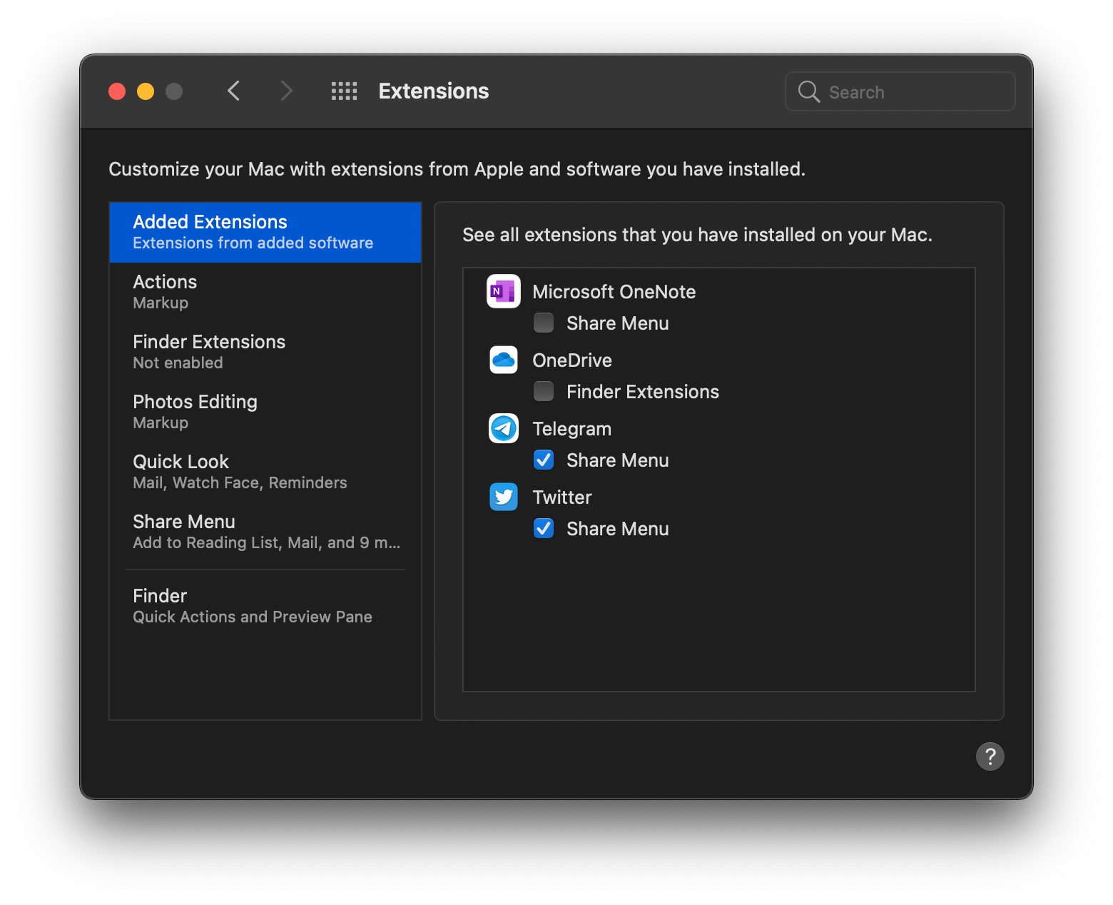 Extensions settings on macOS