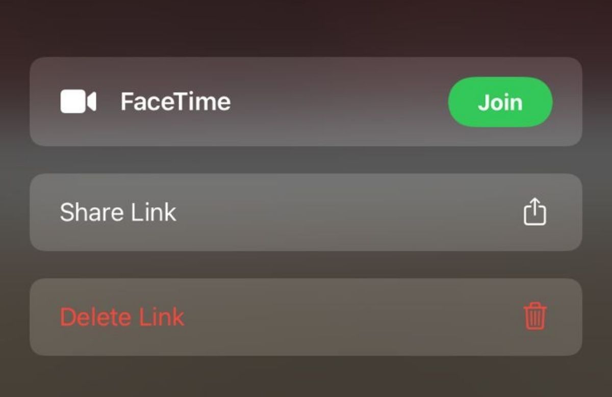 FaceTime Join, Share Link, and Delete Link Buttons
