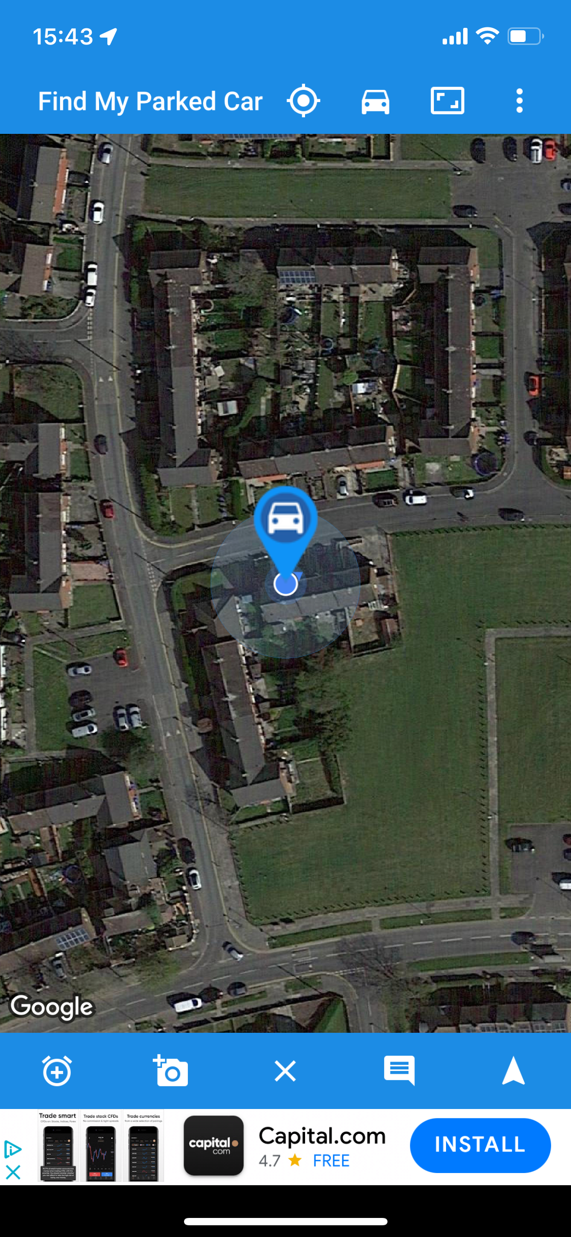 Find my parked car app satellite shot showing car's location