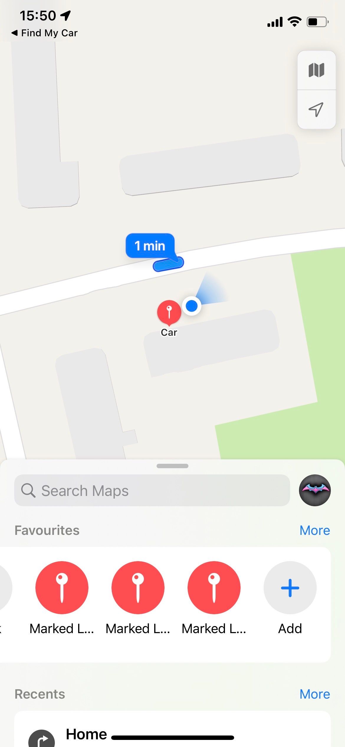Find my parked car app showing navigation map